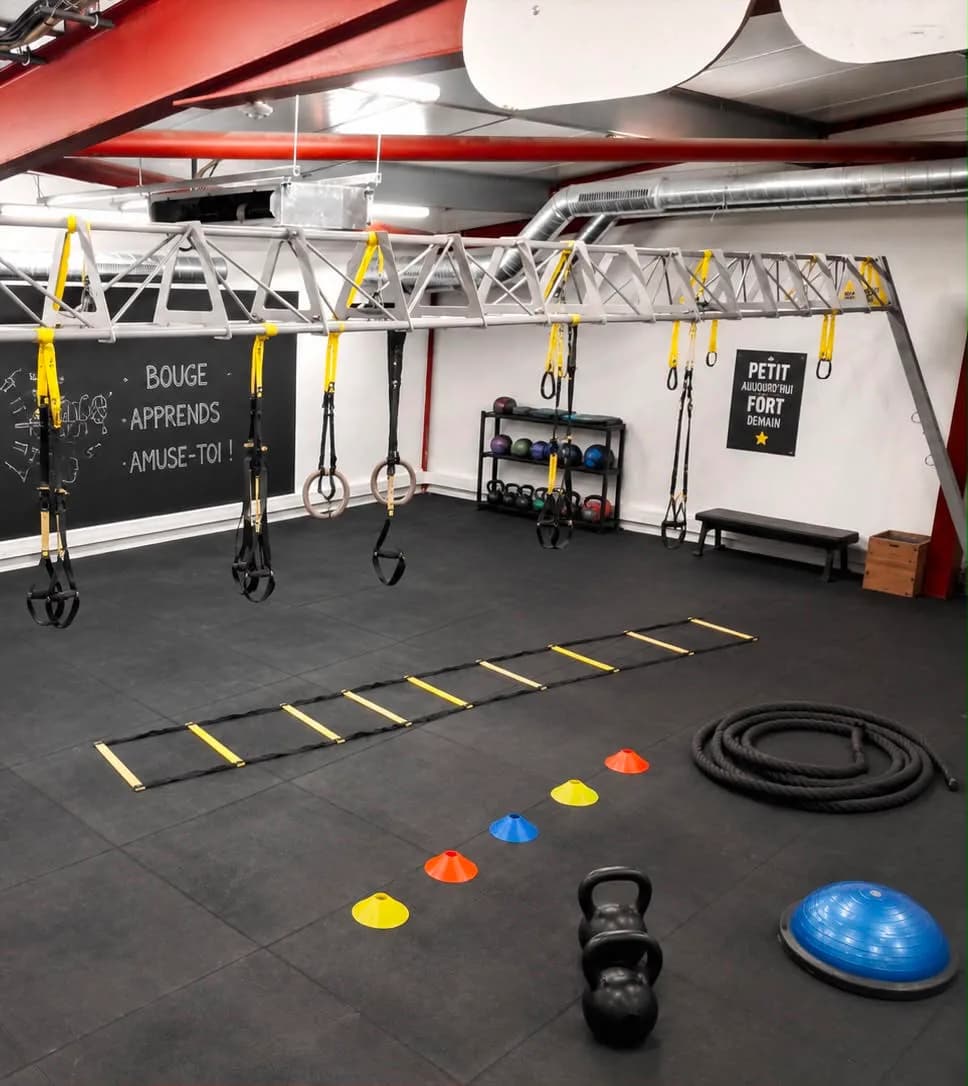 Salle small groups HALL B avec TRX, anneaux et matériel ludique pour les cours enfants et ados
